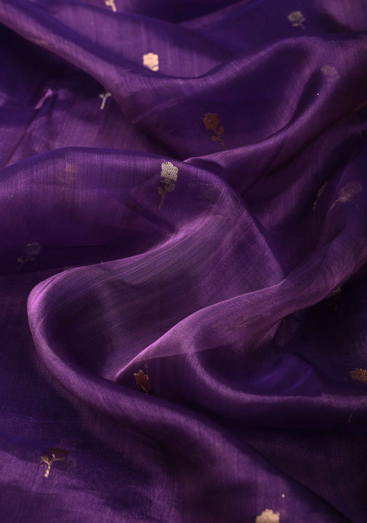 Purple Banarasi Pure Tissue Silk Saree with Sona Rupa Zari Buttas and Fancy Lace Trim Border | SILK MARK CERTIFIED