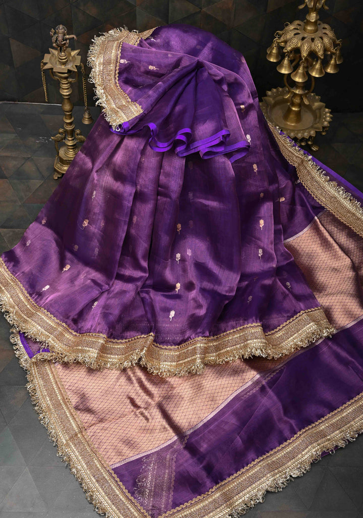 Purple Banarasi Pure Tissue Silk Saree with Sona Rupa Zari Buttas and Fancy Lace Trim Border | SILK MARK CERTIFIED
