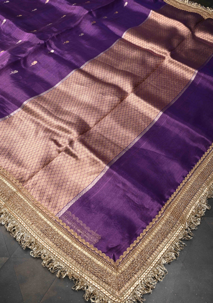 Purple Banarasi Pure Tissue Silk Saree with Sona Rupa Zari Buttas and Fancy Lace Trim Border | SILK MARK CERTIFIED