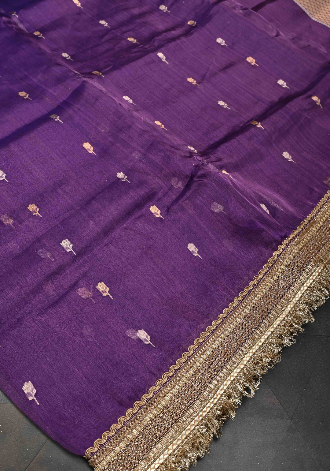 Purple Banarasi Pure Tissue Silk Saree with Sona Rupa Zari Buttas and Fancy Lace Trim Border | SILK MARK CERTIFIED
