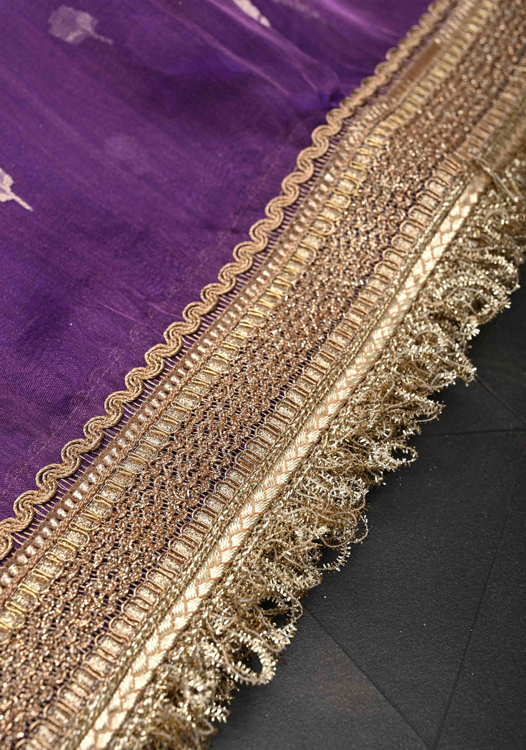 Purple Banarasi Pure Tissue Silk Saree with Sona Rupa Zari Buttas and Fancy Lace Trim Border | SILK MARK CERTIFIED
