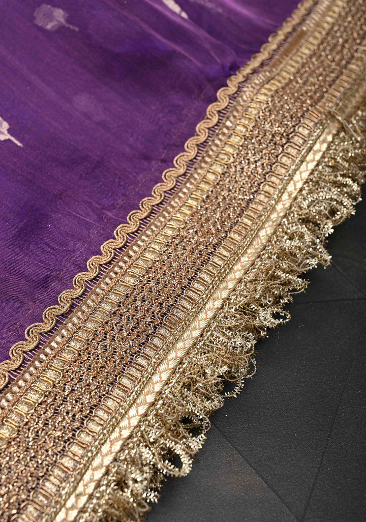 Purple Banarasi Pure Tissue Silk Saree with Sona Rupa Zari Buttas and Fancy Lace Trim Border | SILK MARK CERTIFIED
