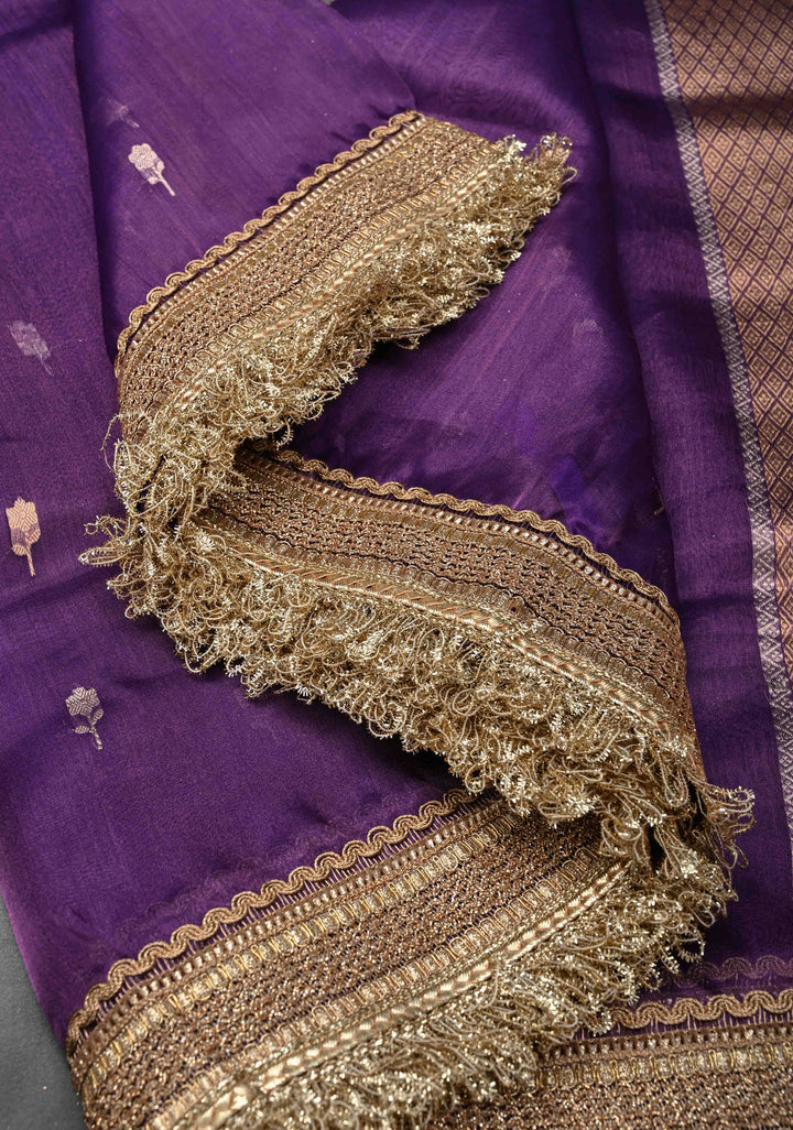 Purple Banarasi Pure Tissue Silk Saree with Sona Rupa Zari Buttas and Fancy Lace Trim Border | SILK MARK CERTIFIED