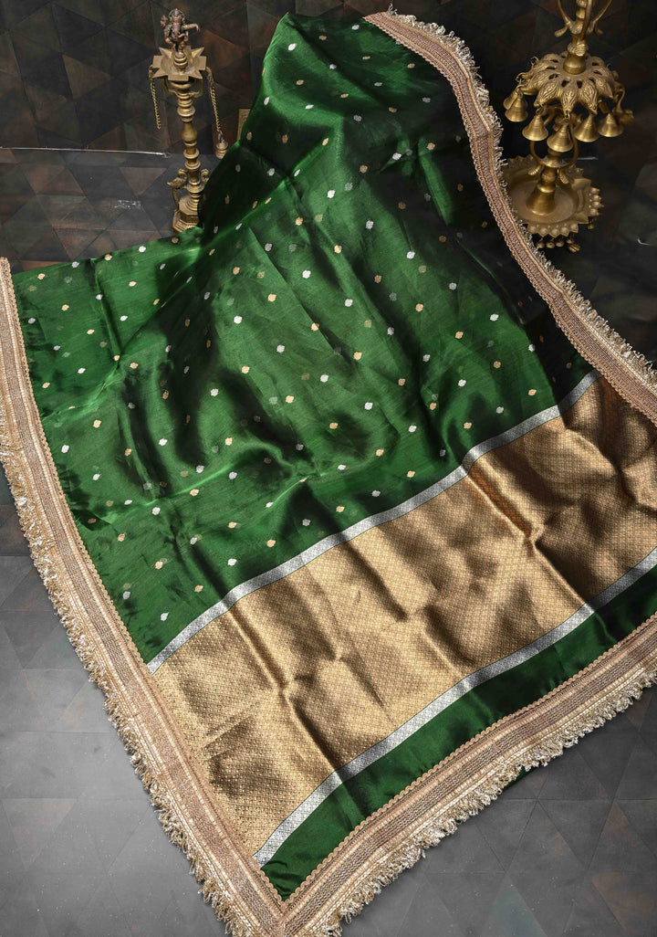 Bottle Green Organza Silk Saree with Sona Rupa Zari Buttas and Fancy Lace Trim Border | SILK MARK CERTIFIED
