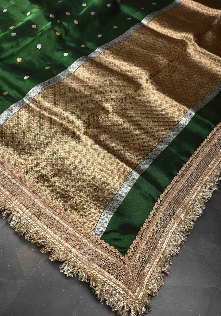 Bottle Green Organza Silk Saree with Sona Rupa Zari Buttas and Fancy Lace Trim Border | SILK MARK CERTIFIED