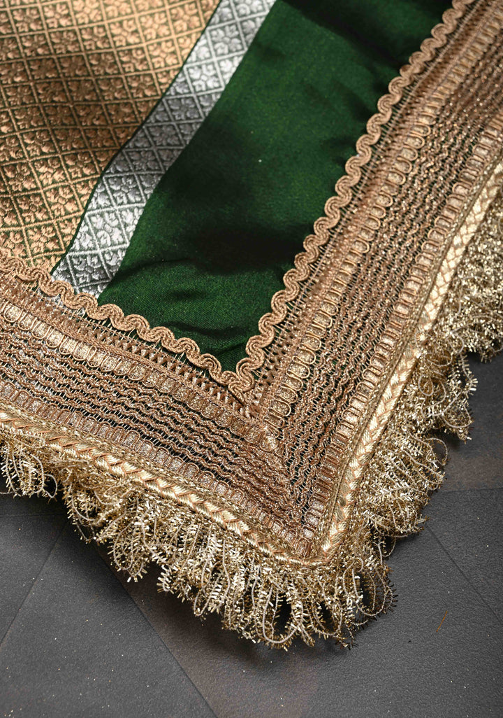 Bottle Green Organza Silk Saree with Sona Rupa Zari Buttas and Fancy Lace Trim Border | SILK MARK CERTIFIED