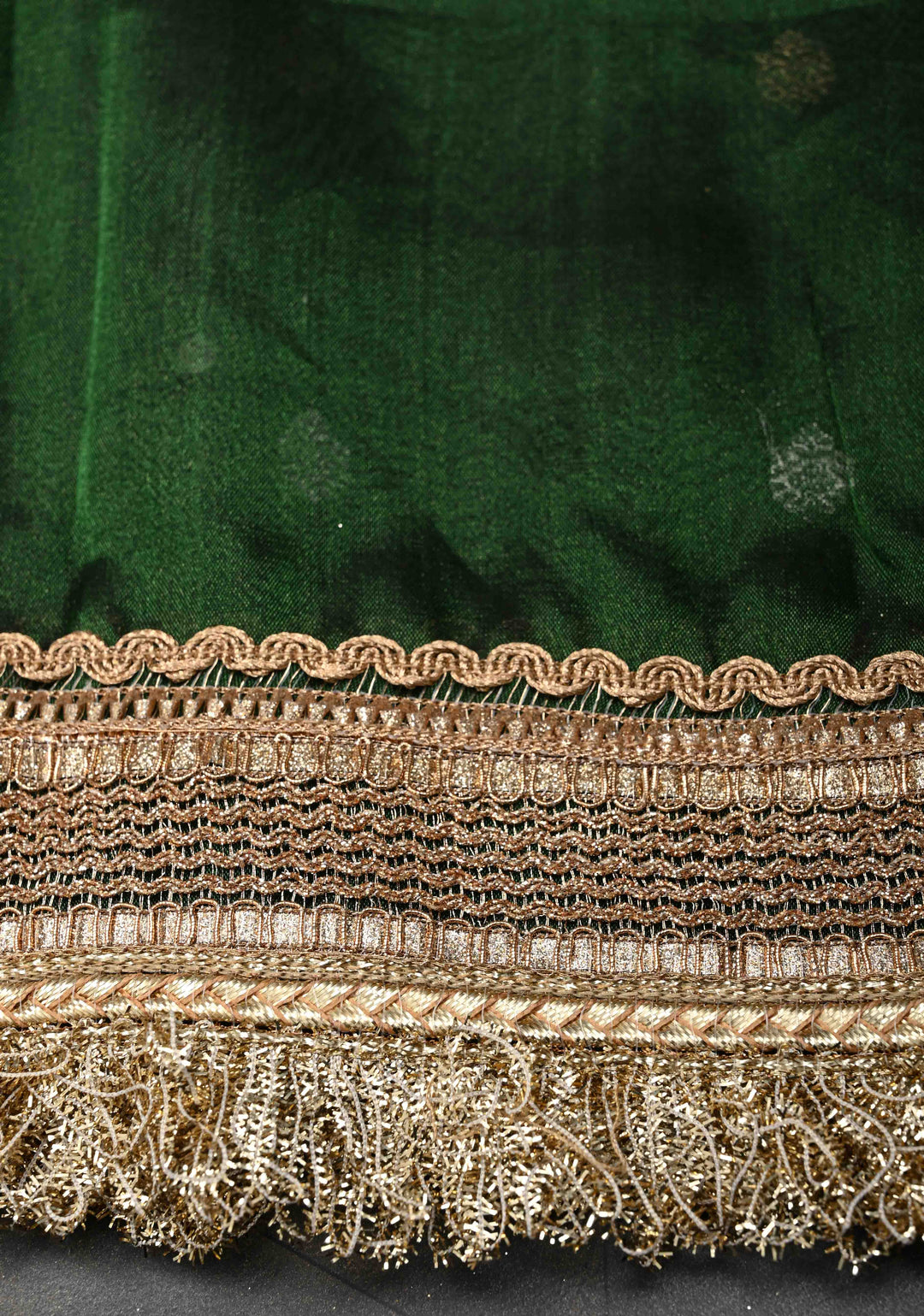 Bottle Green Organza Silk Saree with Sona Rupa Zari Buttas and Fancy Lace Trim Border | SILK MARK CERTIFIED