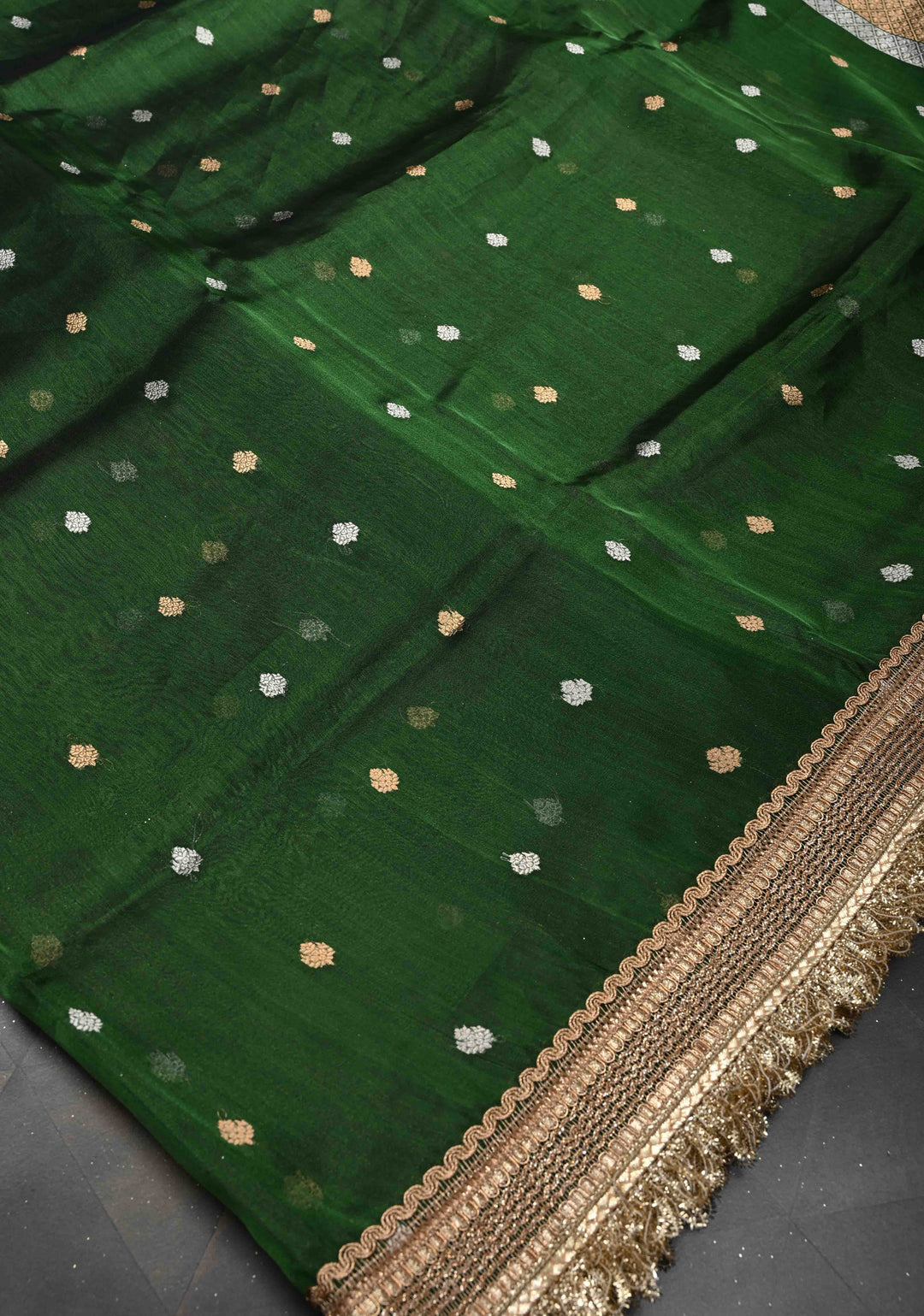 Bottle Green Organza Silk Saree with Sona Rupa Zari Buttas and Fancy Lace Trim Border | SILK MARK CERTIFIED