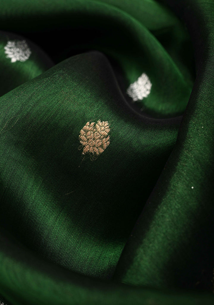 Bottle Green Organza Silk Saree with Sona Rupa Zari Buttas and Fancy Lace Trim Border | SILK MARK CERTIFIED