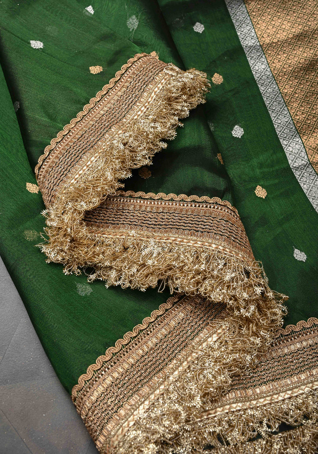 Bottle Green Organza Silk Saree with Sona Rupa Zari Buttas and Fancy Lace Trim Border | SILK MARK CERTIFIED