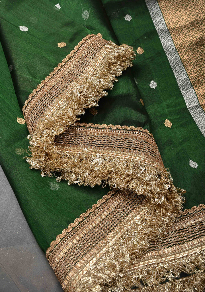 Bottle Green Organza Silk Saree with Sona Rupa Zari Buttas and Fancy Lace Trim Border | SILK MARK CERTIFIED