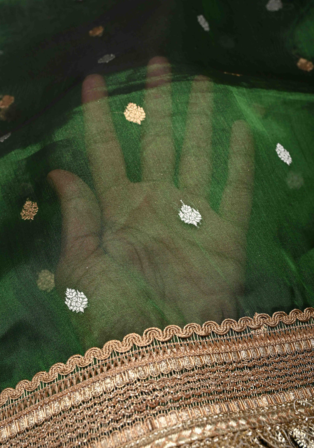 Bottle Green Organza Silk Saree with Sona Rupa Zari Buttas and Fancy Lace Trim Border | SILK MARK CERTIFIED