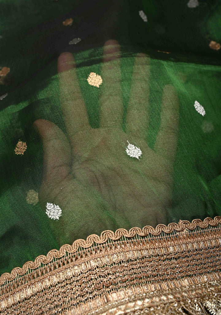 Bottle Green Organza Silk Saree with Sona Rupa Zari Buttas and Fancy Lace Trim Border | SILK MARK CERTIFIED