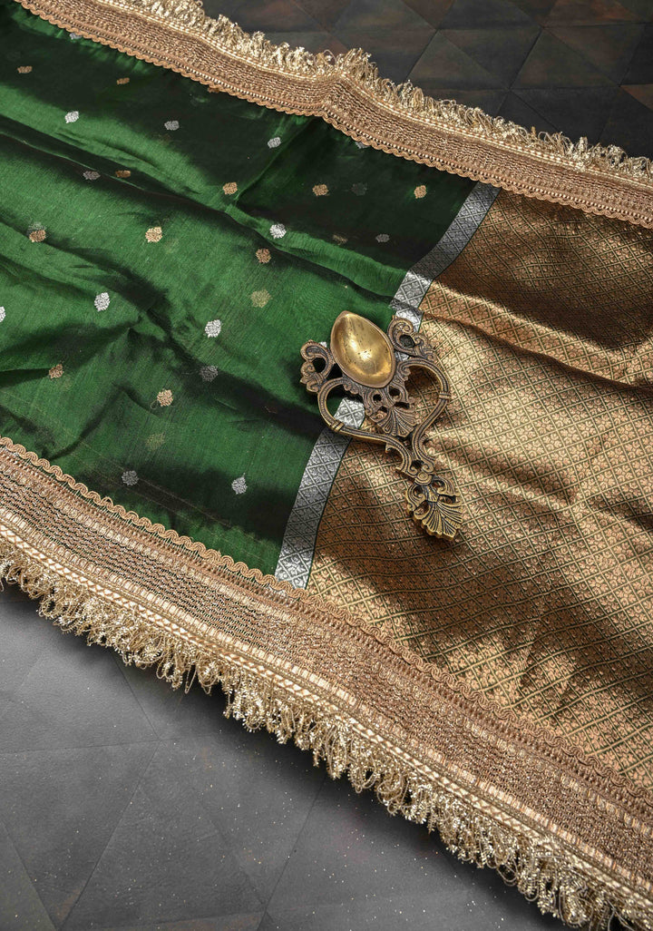 Bottle Green Organza Silk Saree with Sona Rupa Zari Buttas and Fancy Lace Trim Border | SILK MARK CERTIFIED