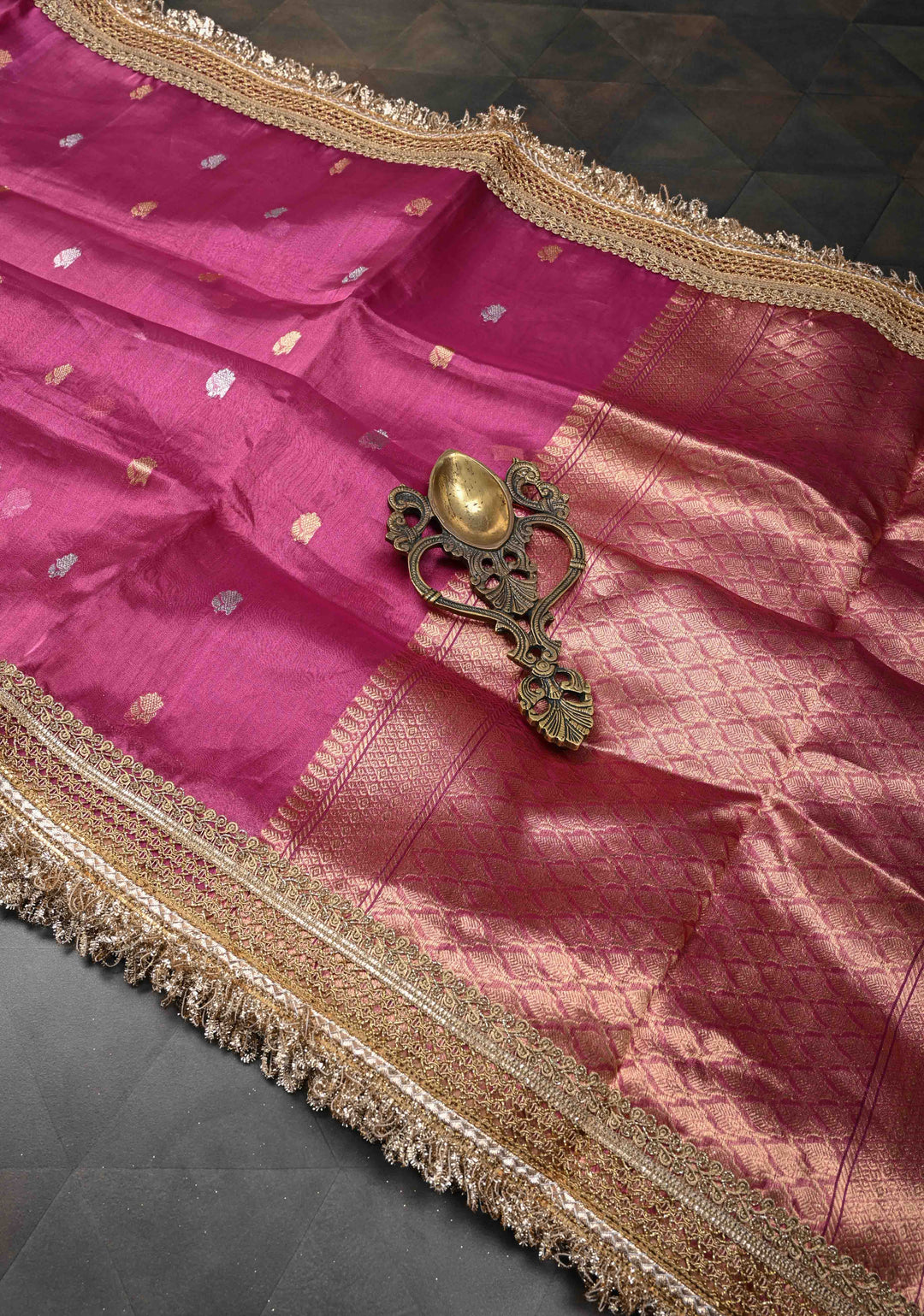 Bashful Pink Organza Tissue Silk Saree with Sona Rupa Zari Buttas and Fancy Lace Trim Border | SILK MARK CERTIFIED
