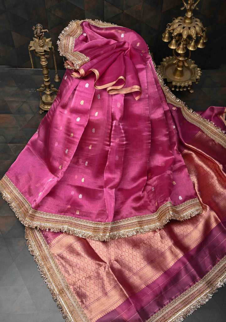 Bashful Pink Organza Tissue Silk Saree with Sona Rupa Zari Buttas and Fancy Lace Trim Border | SILK MARK CERTIFIED