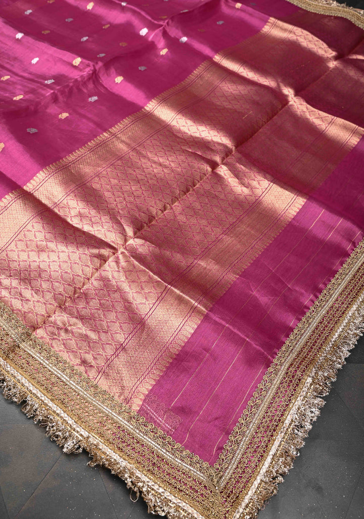 Bashful Pink Organza Tissue Silk Saree with Sona Rupa Zari Buttas and Fancy Lace Trim Border | SILK MARK CERTIFIED