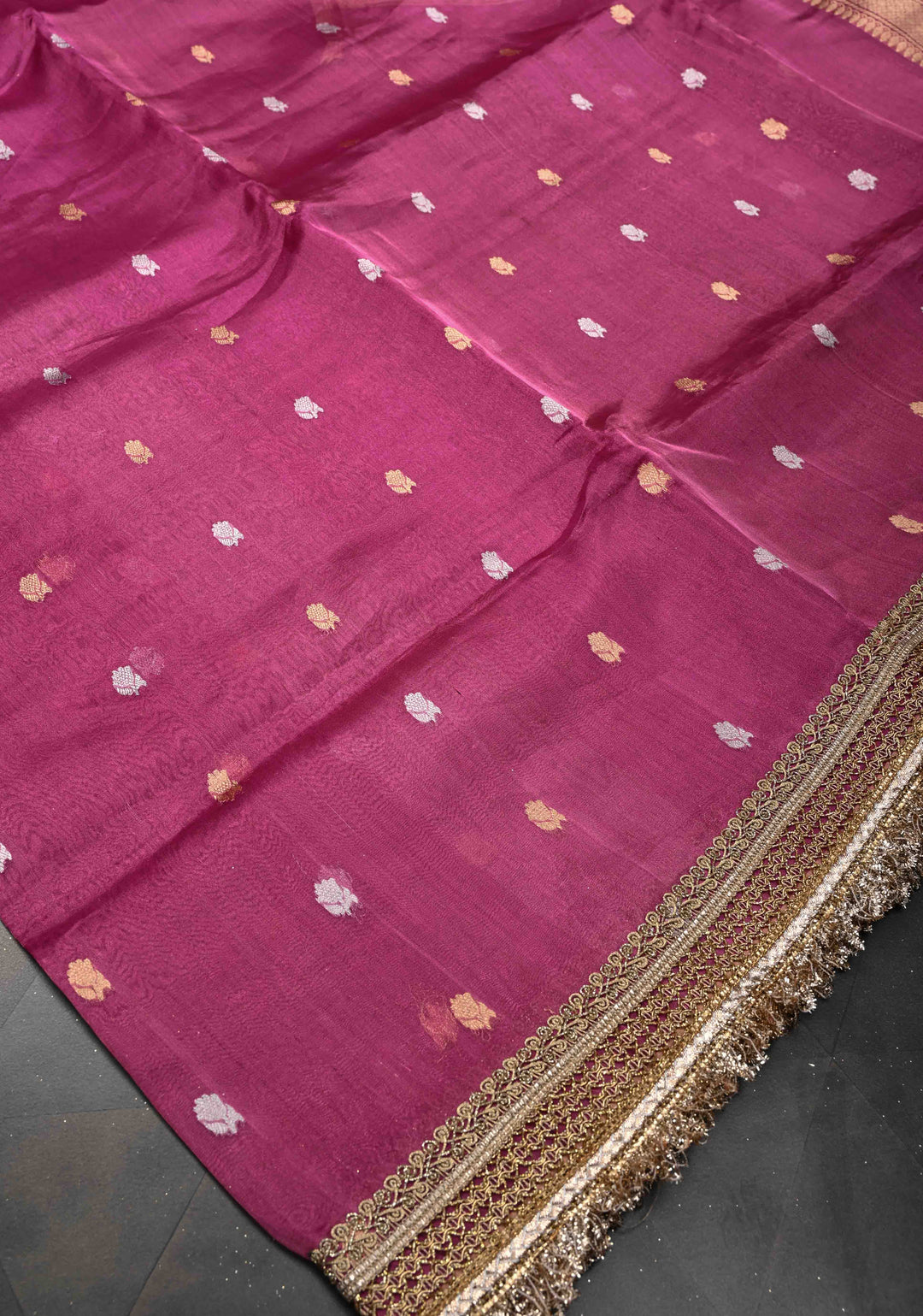 Bashful Pink Organza Tissue Silk Saree with Sona Rupa Zari Buttas and Fancy Lace Trim Border | SILK MARK CERTIFIED