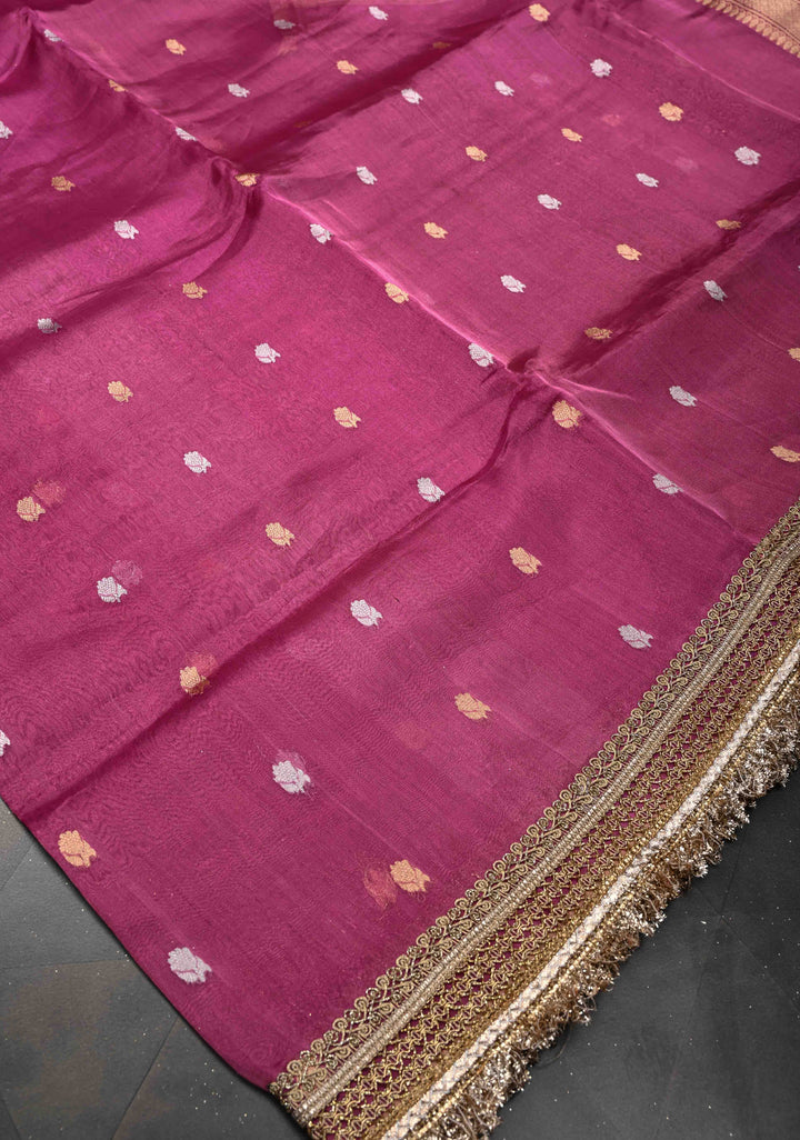 Bashful Pink Organza Tissue Silk Saree with Sona Rupa Zari Buttas and Fancy Lace Trim Border | SILK MARK CERTIFIED