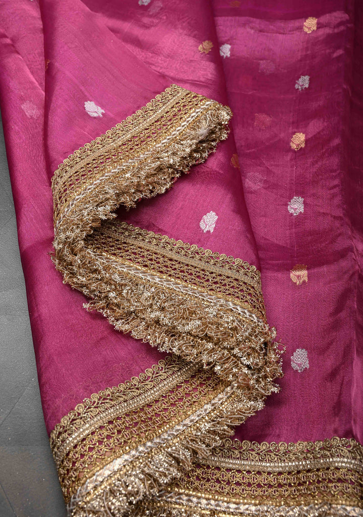 Bashful Pink Organza Tissue Silk Saree with Sona Rupa Zari Buttas and Fancy Lace Trim Border | SILK MARK CERTIFIED