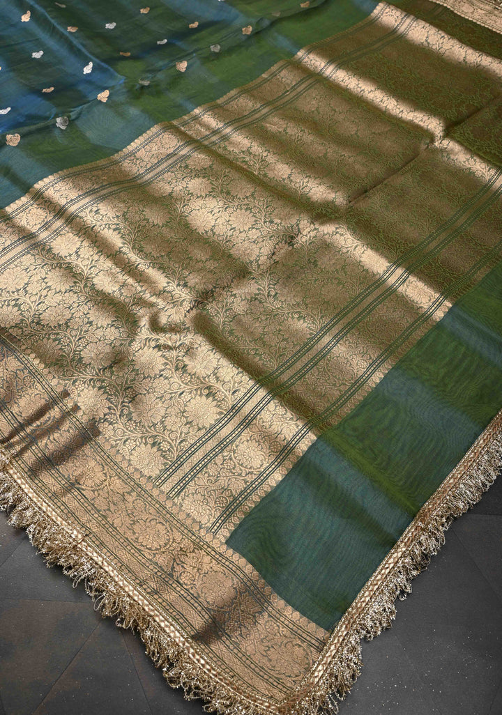 Peacock Green Organza Tissue Silk Saree with Sona Rupa Zari Buttas and Fancy Lace Trim Border | SILK MARK CERTIFIED