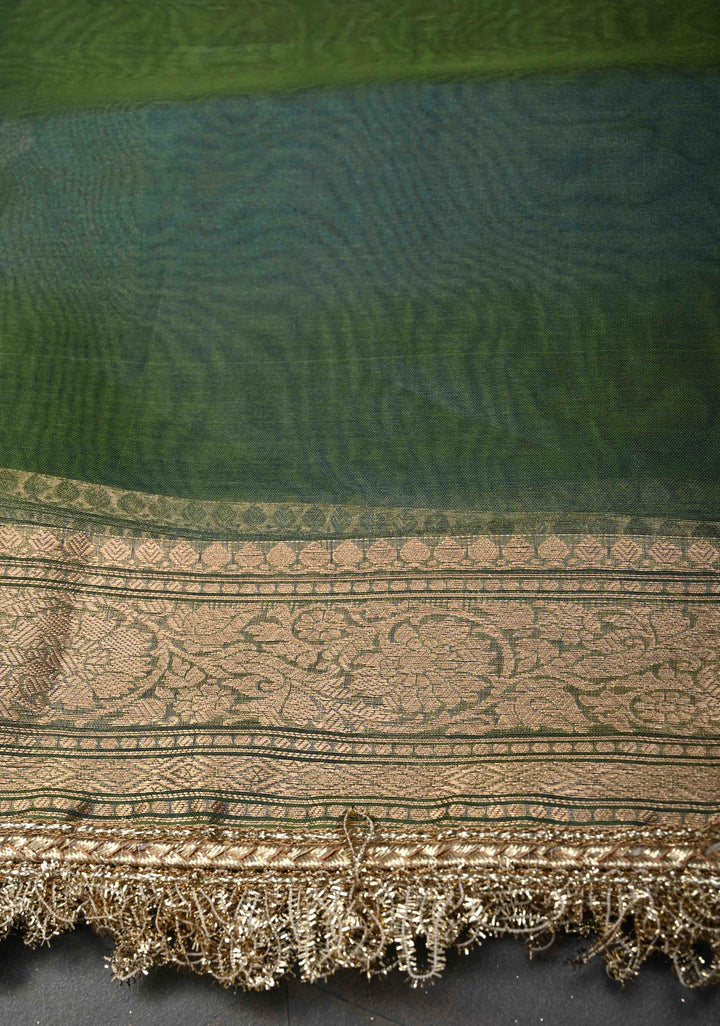 Peacock Green Organza Tissue Silk Saree with Sona Rupa Zari Buttas and Fancy Lace Trim Border | SILK MARK CERTIFIED
