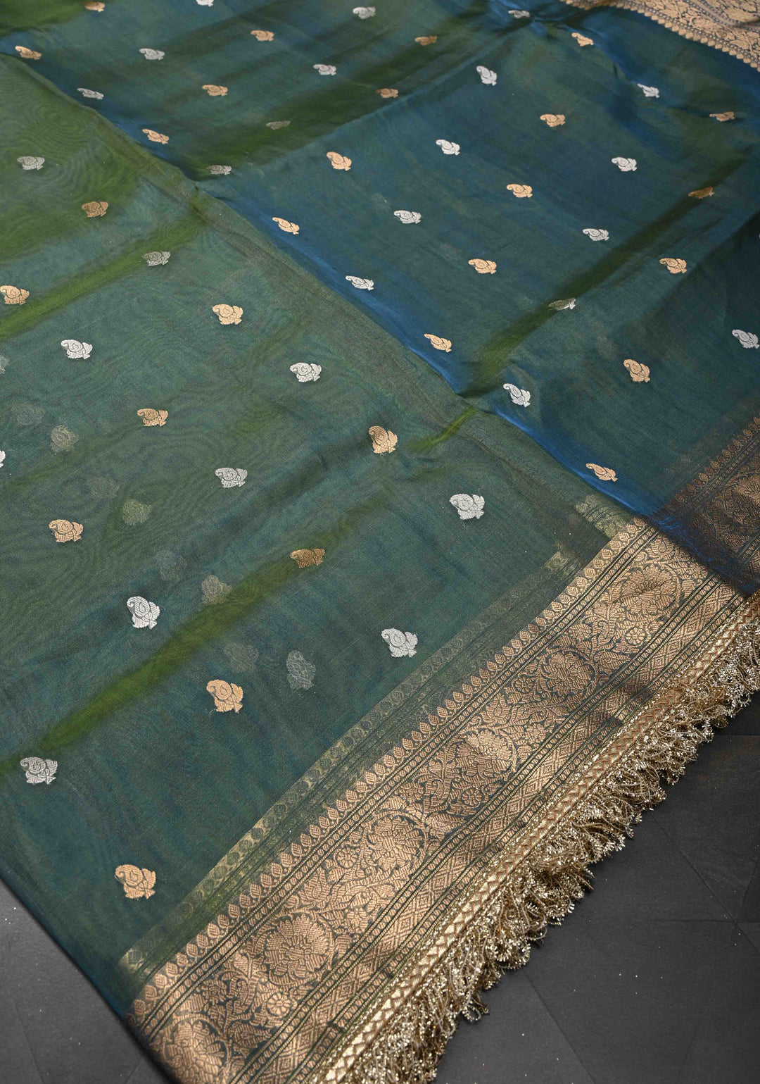 Peacock Green Organza Tissue Silk Saree with Sona Rupa Zari Buttas and Fancy Lace Trim Border | SILK MARK CERTIFIED