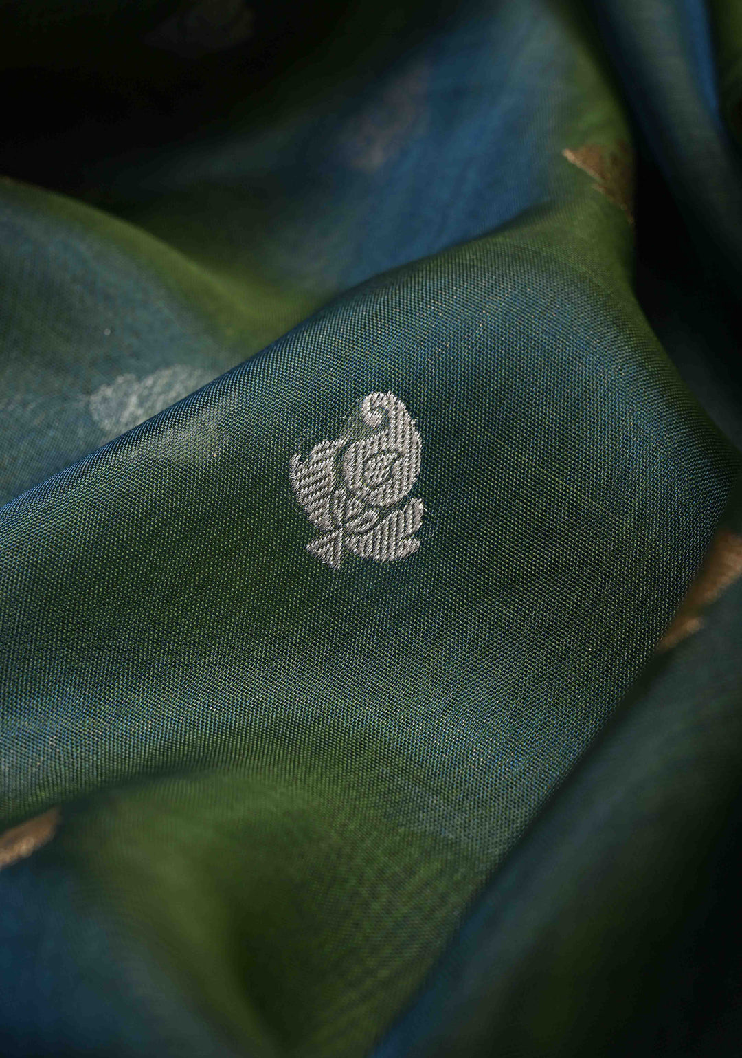 Peacock Green Organza Tissue Silk Saree with Sona Rupa Zari Buttas and Fancy Lace Trim Border | SILK MARK CERTIFIED