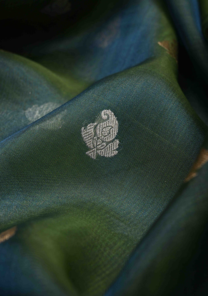 Peacock Green Organza Tissue Silk Saree with Sona Rupa Zari Buttas and Fancy Lace Trim Border | SILK MARK CERTIFIED