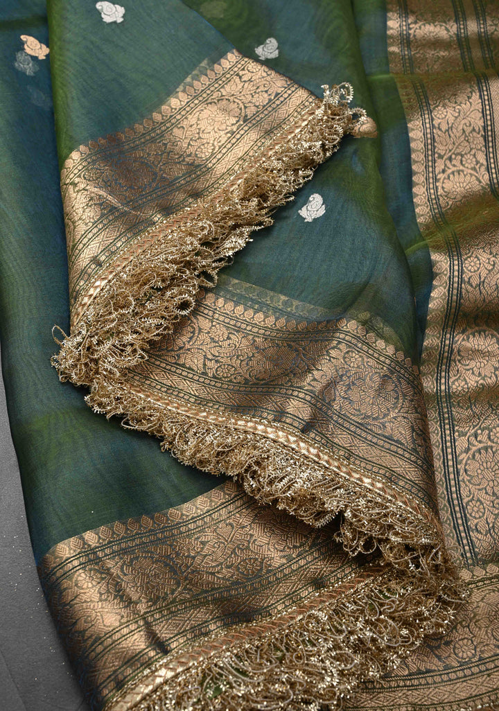 Peacock Green Organza Tissue Silk Saree with Sona Rupa Zari Buttas and Fancy Lace Trim Border | SILK MARK CERTIFIED