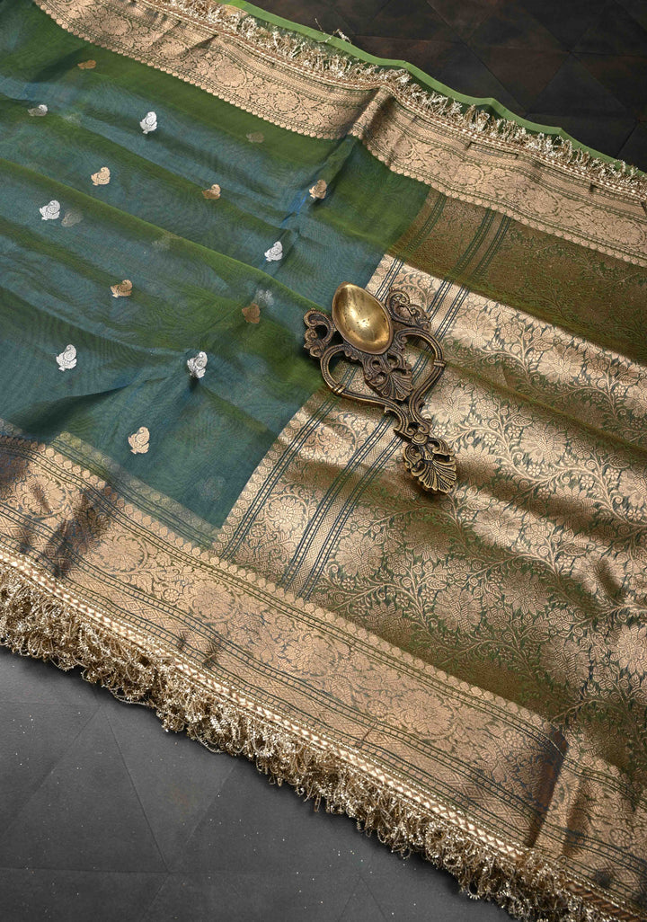 Peacock Green Organza Tissue Silk Saree with Sona Rupa Zari Buttas and Fancy Lace Trim Border | SILK MARK CERTIFIED