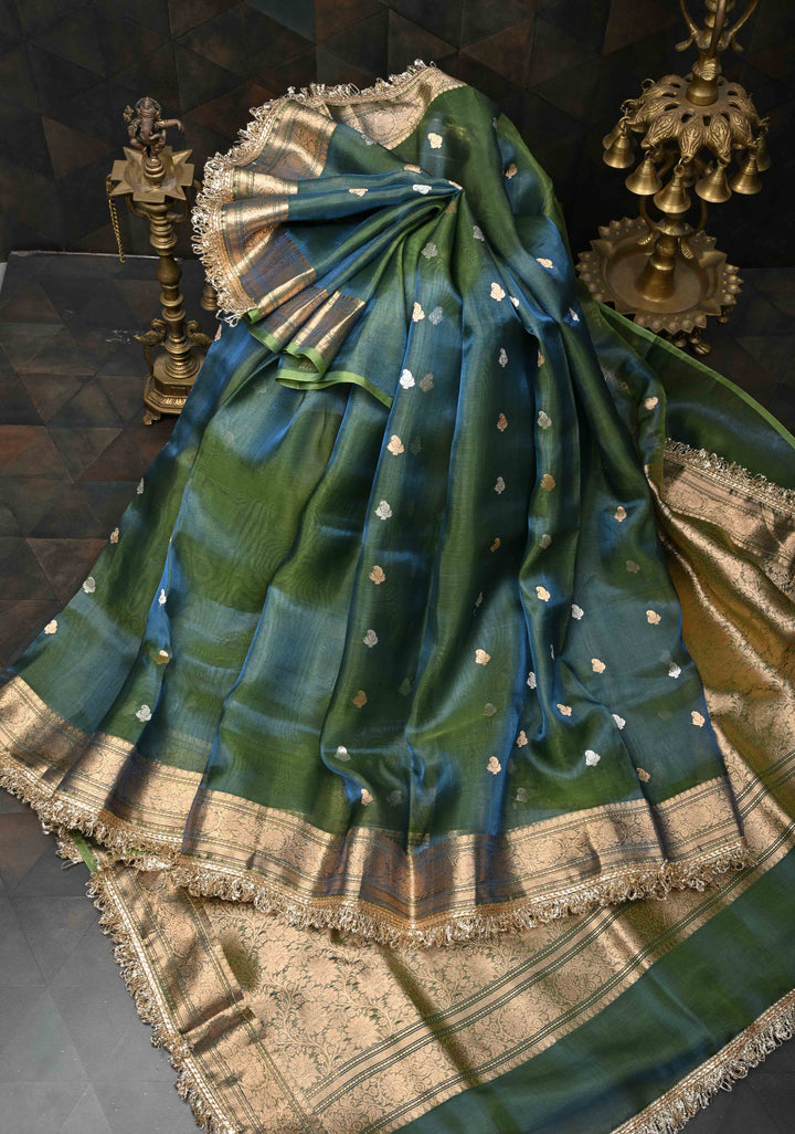 Peacock Green Organza Tissue Silk Saree with Sona Rupa Zari Buttas and Fancy Lace Trim Border | SILK MARK CERTIFIED
