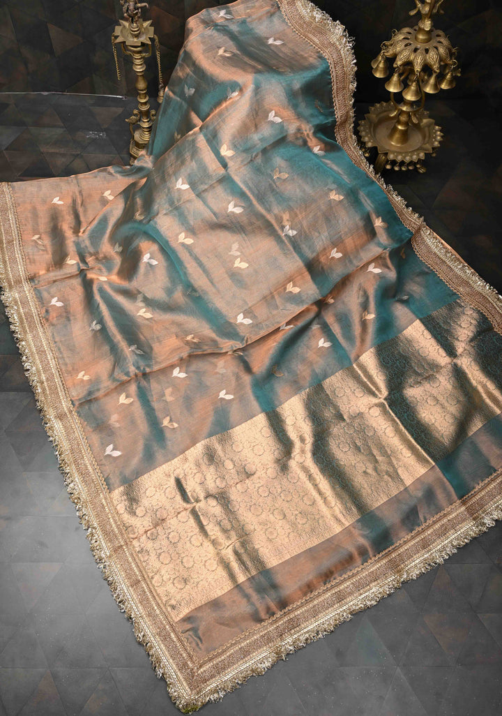 Blue Dual Tone Organza Tissue Silk Saree with Sona Rupa Zari Buttas and Fancy Lace Trim Border | SILK MARK CERTIFIED