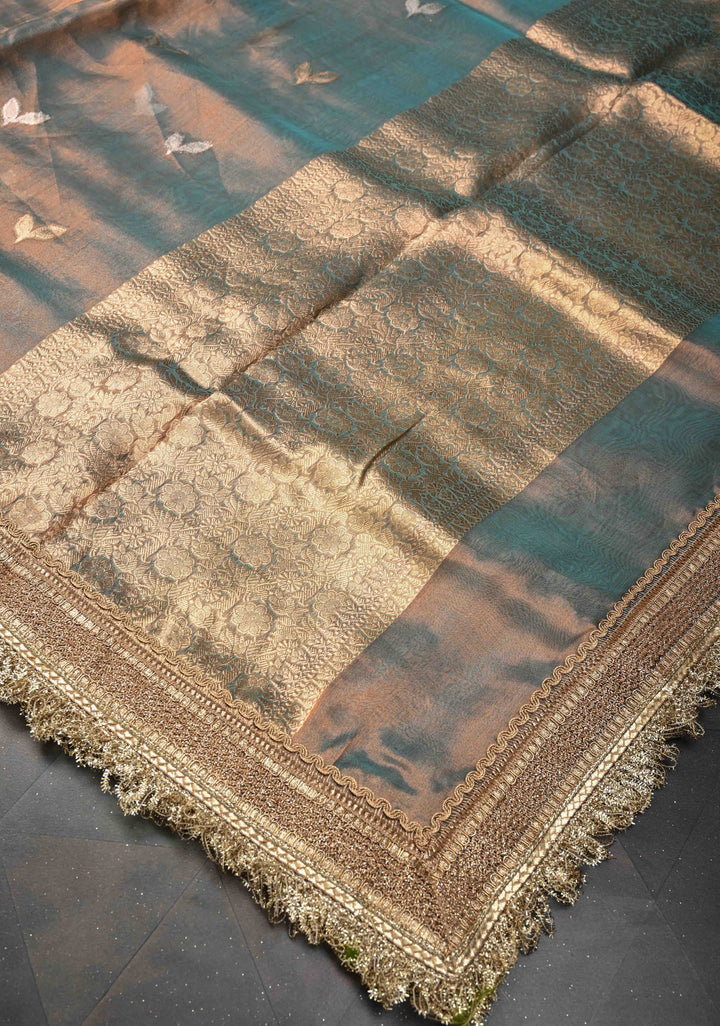 Blue Dual Tone Organza Tissue Silk Saree with Sona Rupa Zari Buttas and Fancy Lace Trim Border | SILK MARK CERTIFIED