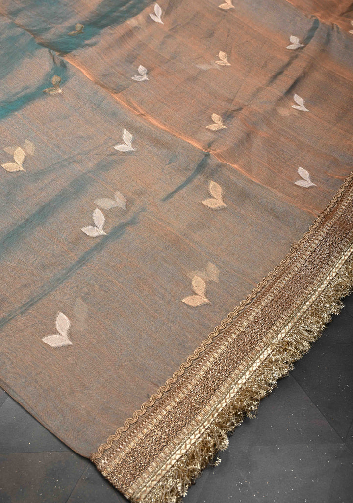 Blue Dual Tone Organza Tissue Silk Saree with Sona Rupa Zari Buttas and Fancy Lace Trim Border | SILK MARK CERTIFIED