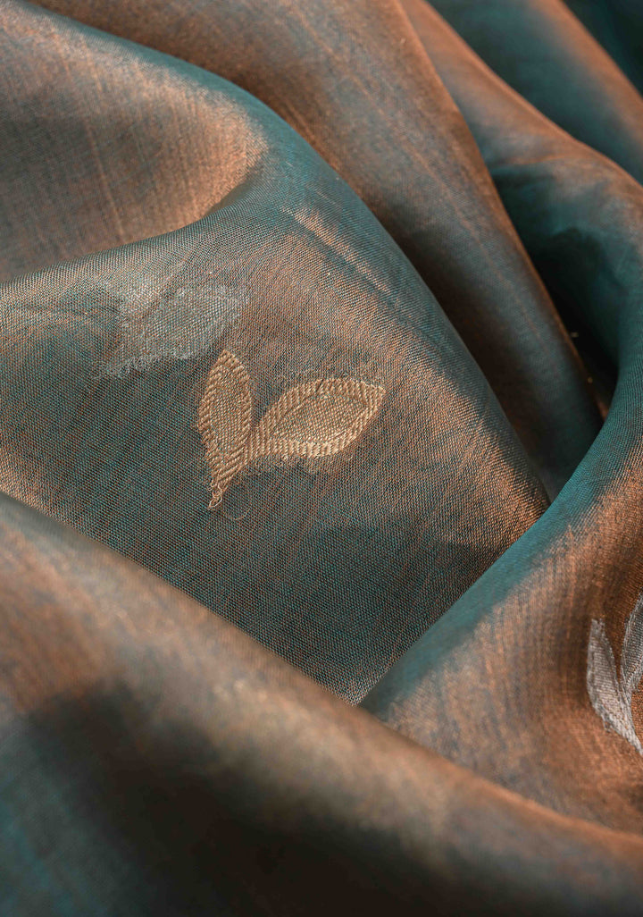 Blue Dual Tone Organza Tissue Silk Saree with Sona Rupa Zari Buttas and Fancy Lace Trim Border | SILK MARK CERTIFIED