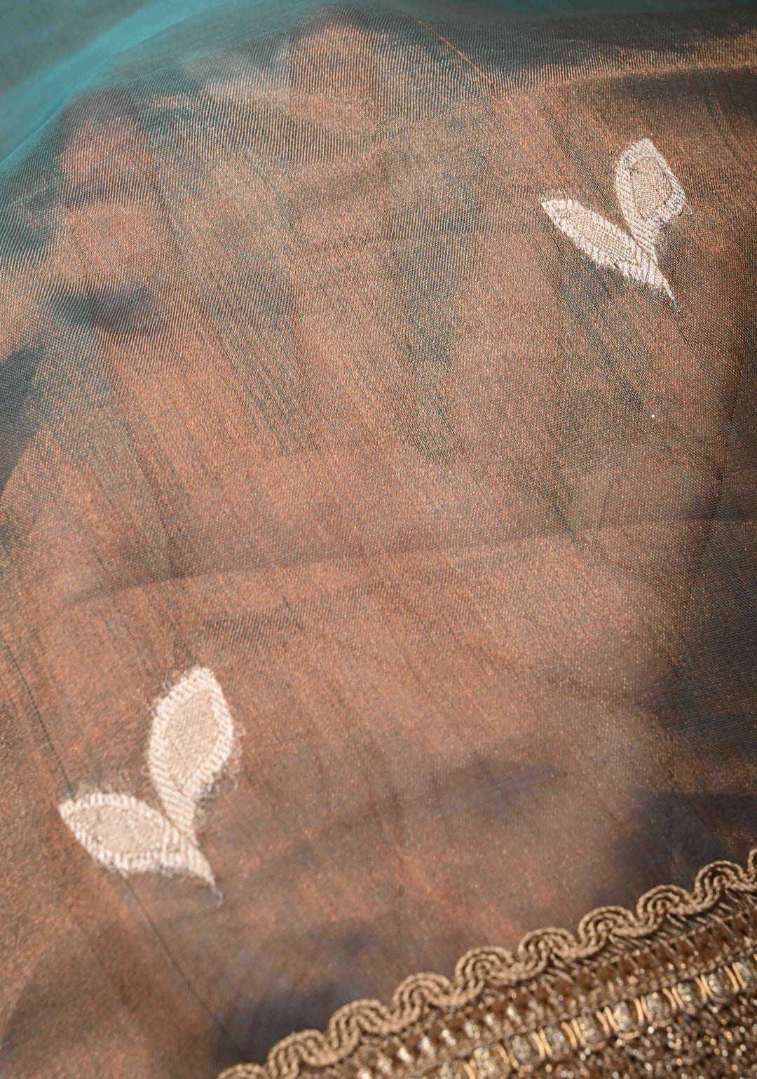 Blue Dual Tone Organza Tissue Silk Saree with Sona Rupa Zari Buttas and Fancy Lace Trim Border | SILK MARK CERTIFIED