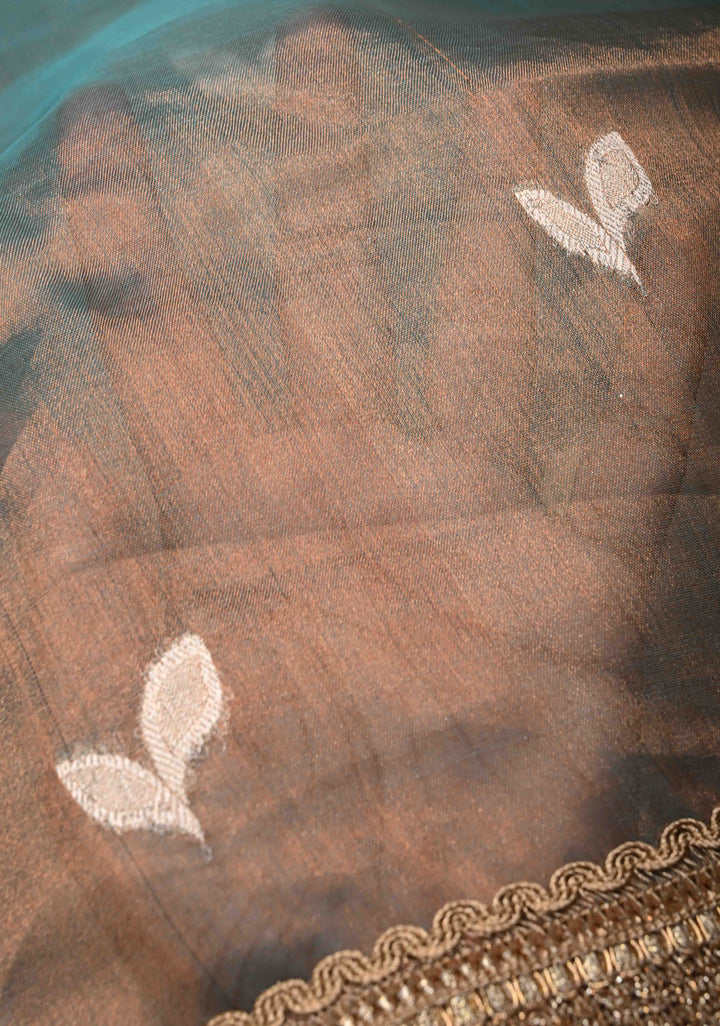 Blue Dual Tone Organza Tissue Silk Saree with Sona Rupa Zari Buttas and Fancy Lace Trim Border | SILK MARK CERTIFIED