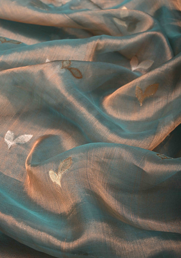 Blue Dual Tone Organza Tissue Silk Saree with Sona Rupa Zari Buttas and Fancy Lace Trim Border | SILK MARK CERTIFIED