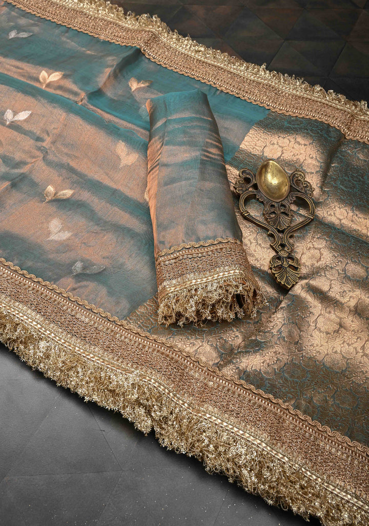 Blue Dual Tone Organza Tissue Silk Saree with Sona Rupa Zari Buttas and Fancy Lace Trim Border | SILK MARK CERTIFIED