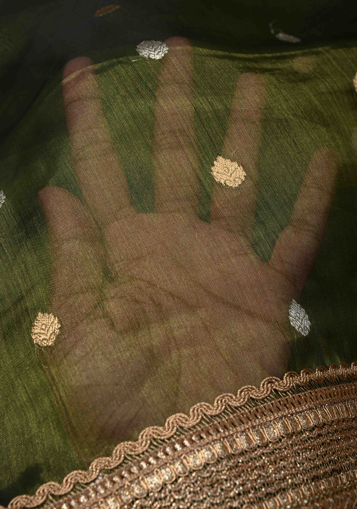 Hunter Green Organza Silk Saree with Sona Rupa Zari Buttas and Fancy Lace Trim Border | SILK MARK CERTIFIED
