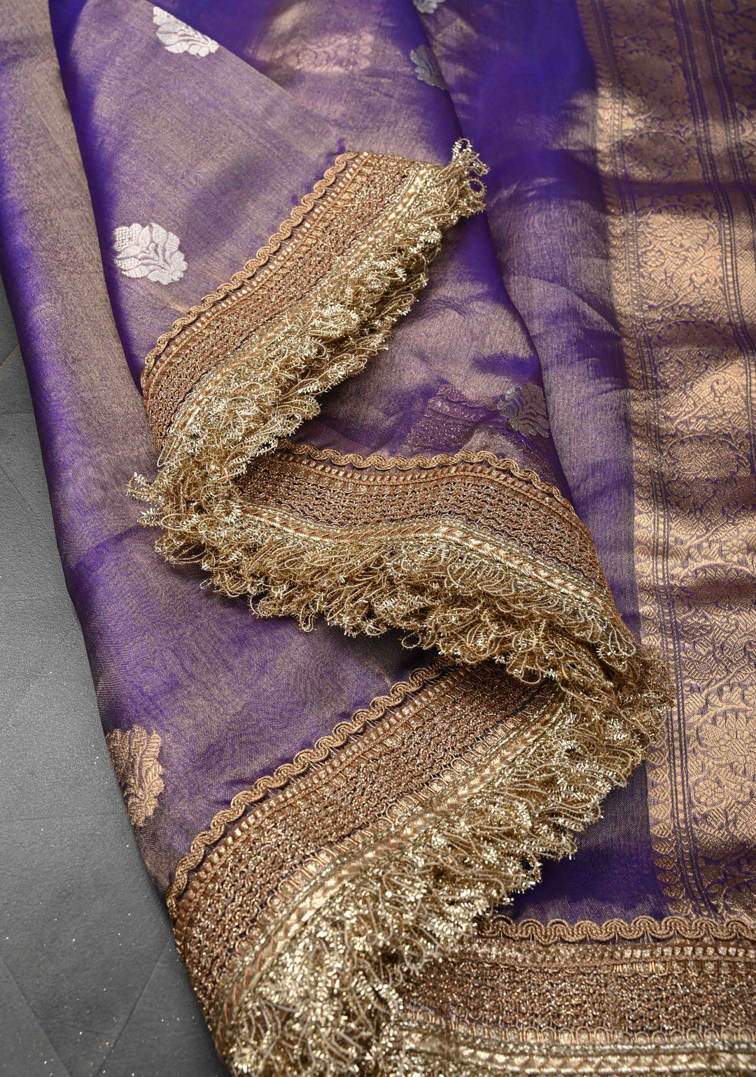 Purple Dual tone Banarasi Pure Tissue Silk Saree with Sona Rupa Zari Buttas and Fancy Lace Trim Border | SILK MARK CERTIFIED