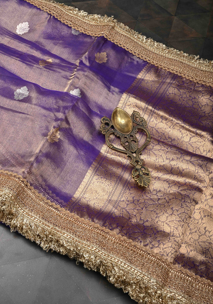Purple Dual tone Banarasi Pure Tissue Silk Saree with Sona Rupa Zari Buttas and Fancy Lace Trim Border | SILK MARK CERTIFIED