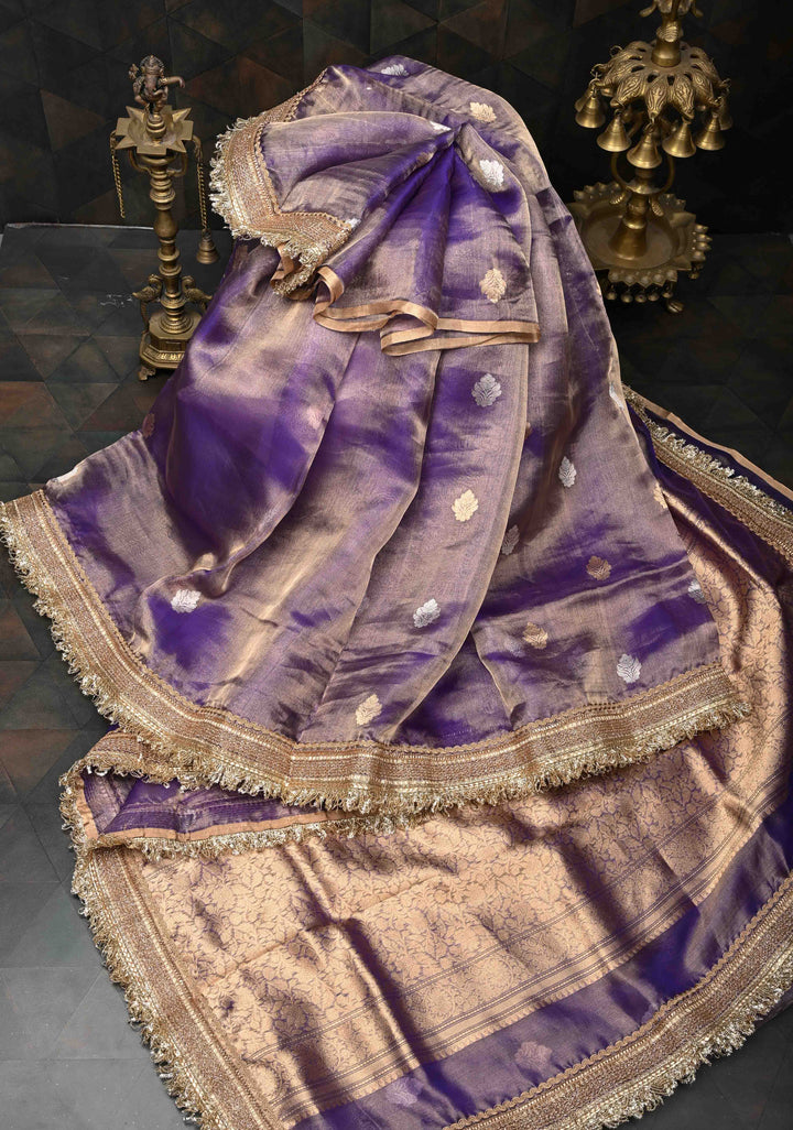 Purple Dual tone Banarasi Pure Tissue Silk Saree with Sona Rupa Zari Buttas and Fancy Lace Trim Border | SILK MARK CERTIFIED