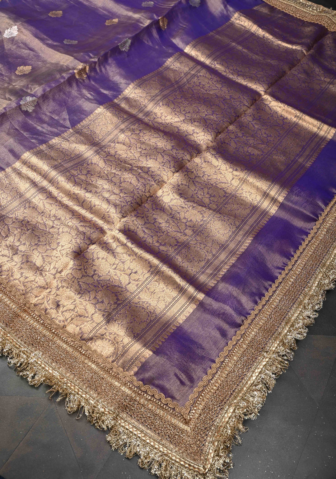 Purple Dual tone Banarasi Pure Tissue Silk Saree with Sona Rupa Zari Buttas and Fancy Lace Trim Border | SILK MARK CERTIFIED