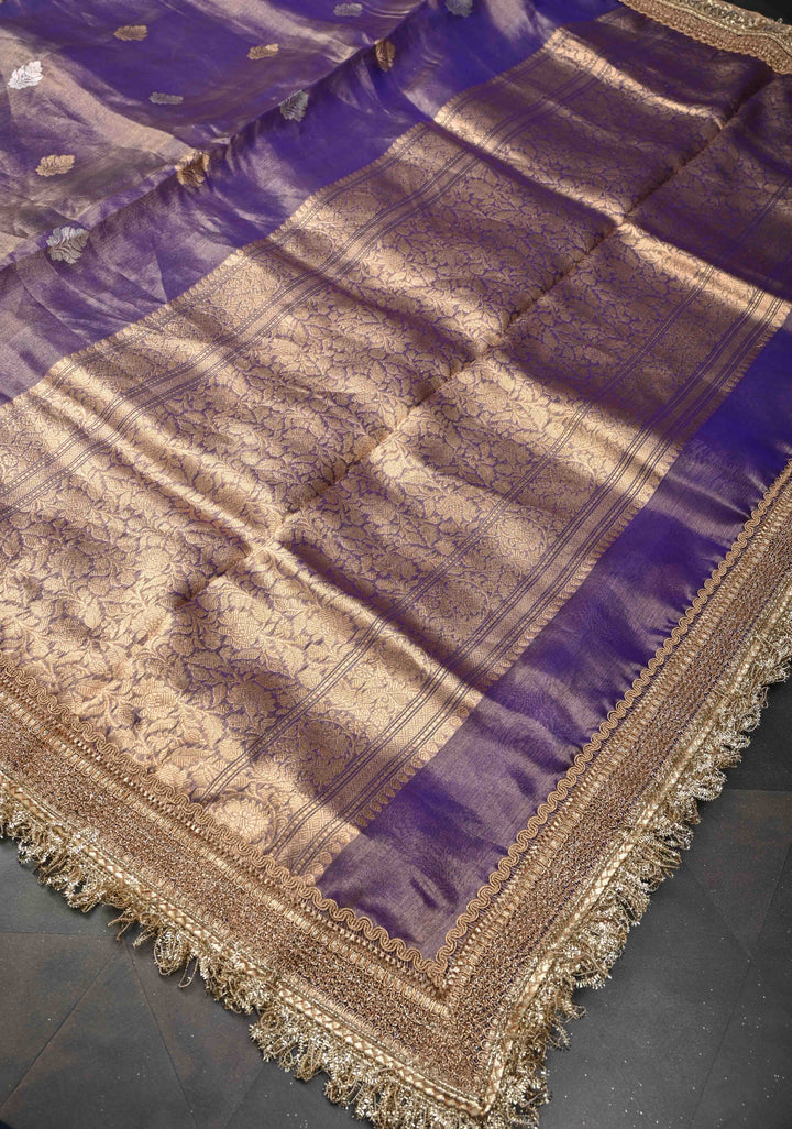 Purple Dual tone Banarasi Pure Tissue Silk Saree with Sona Rupa Zari Buttas and Fancy Lace Trim Border | SILK MARK CERTIFIED