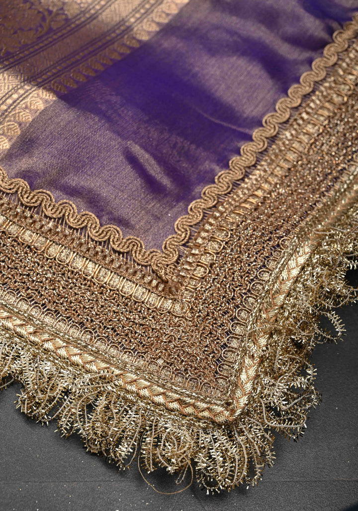 Purple Dual tone Banarasi Pure Tissue Silk Saree with Sona Rupa Zari Buttas and Fancy Lace Trim Border | SILK MARK CERTIFIED