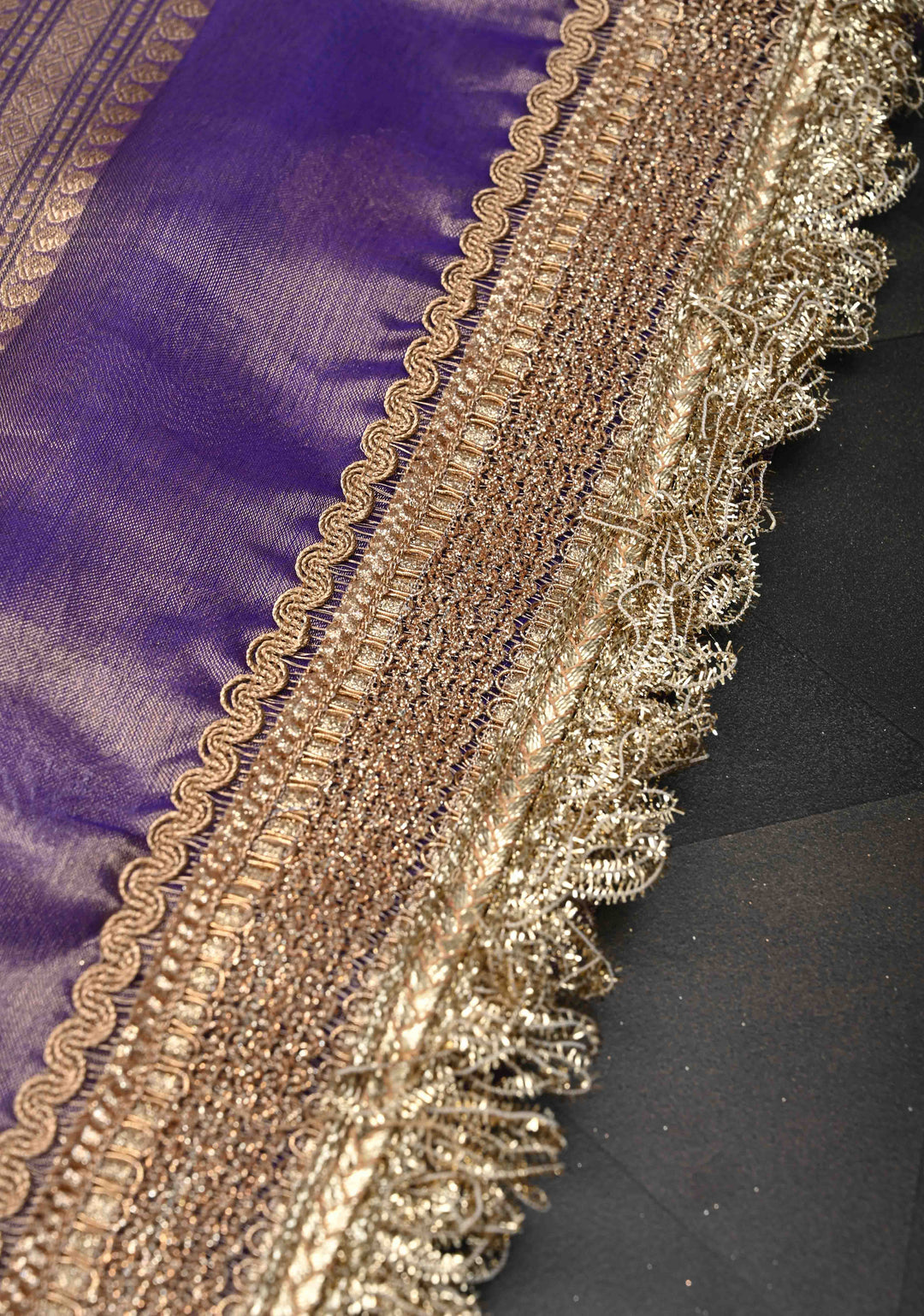 Purple Dual tone Banarasi Pure Tissue Silk Saree with Sona Rupa Zari Buttas and Fancy Lace Trim Border | SILK MARK CERTIFIED