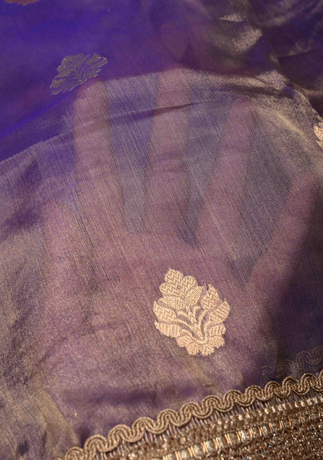 Purple Dual tone Banarasi Pure Tissue Silk Saree with Sona Rupa Zari Buttas and Fancy Lace Trim Border | SILK MARK CERTIFIED