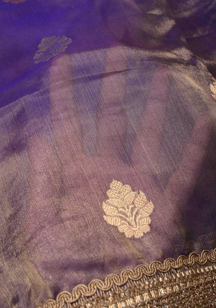 Purple Dual tone Banarasi Pure Tissue Silk Saree with Sona Rupa Zari Buttas and Fancy Lace Trim Border | SILK MARK CERTIFIED